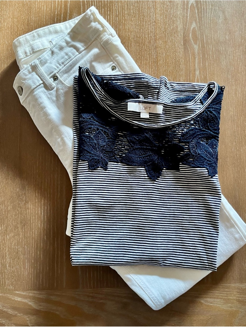 LOFT Navy & White Striped Lace Cutout Sleeveless Top – Size Medium